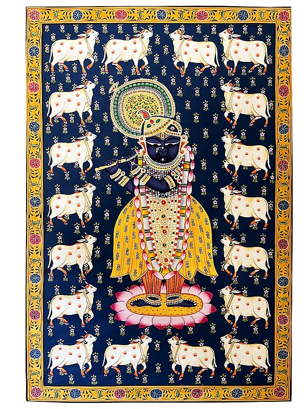 Shrinathji Playing Flute With Cow In Background | Pichhwai Art