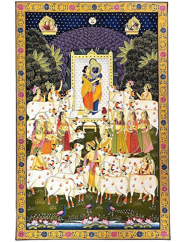 Lord Shrinathji embracing Vallabhacharya | Pichhwai Art