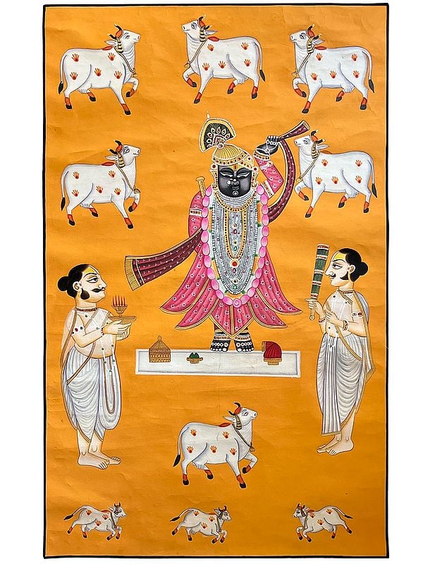 Shrinathji Worshipped by Priests with Cows | Pichhwai Art