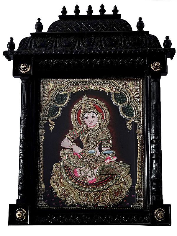 Hindu Goddess Annapurna In Mandapam Frame | Traditional Colour With 24 Karat Gold | With Frame