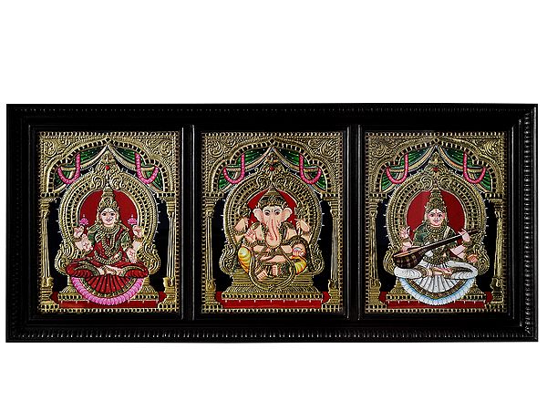 Lakshmi Ganesha Saraswati (Three in One) | Traditional Colour With 24 Karat Gold | With Frame
