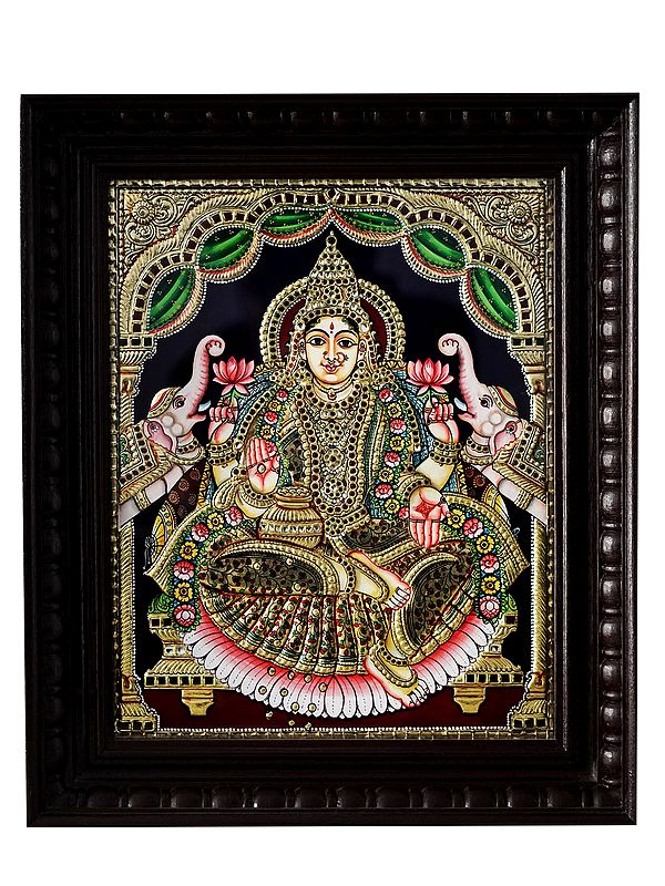 Exquisite Gajalakshmi Showering Wealth | Framed Tanjore Painting with 24 Karat Gold