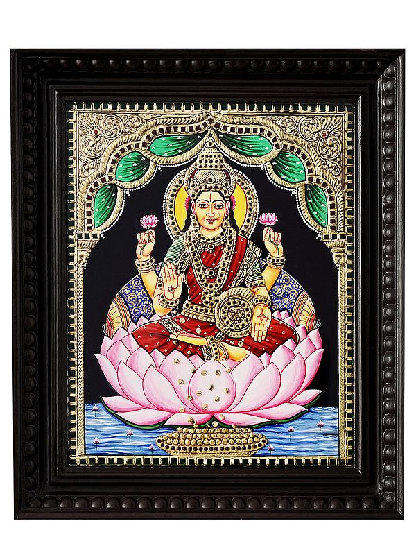 Goddess Lakshmi on Lotus Showering Wealth | Tanjore Painting with 24 Karat Gold | with Frame