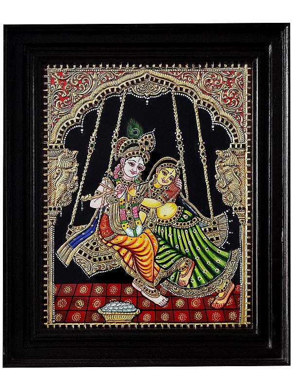 Deities Radha Krishna On Swing | Traditional Colour With 24 Karat Gold | With Frame