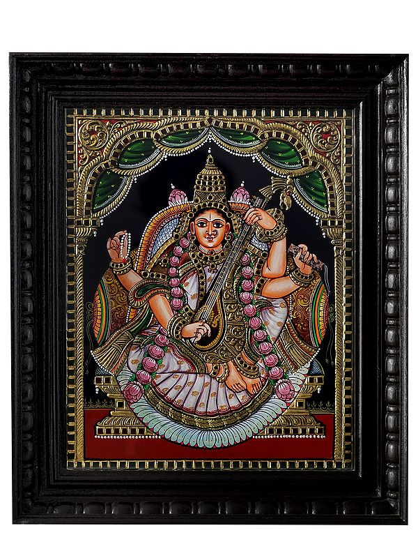Goddess of Music Saraswati with Lotus Garland | Tanjore Painting with 24 Karat Gold | with Frame