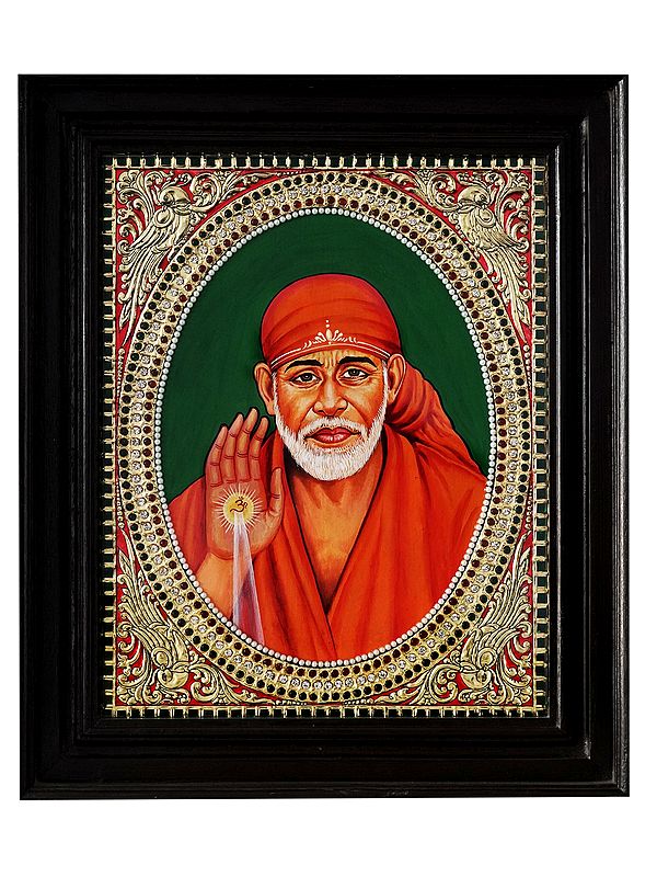 Sai Baba Showering Blessing | Traditional Colour With 24 Karat Gold | With Frame