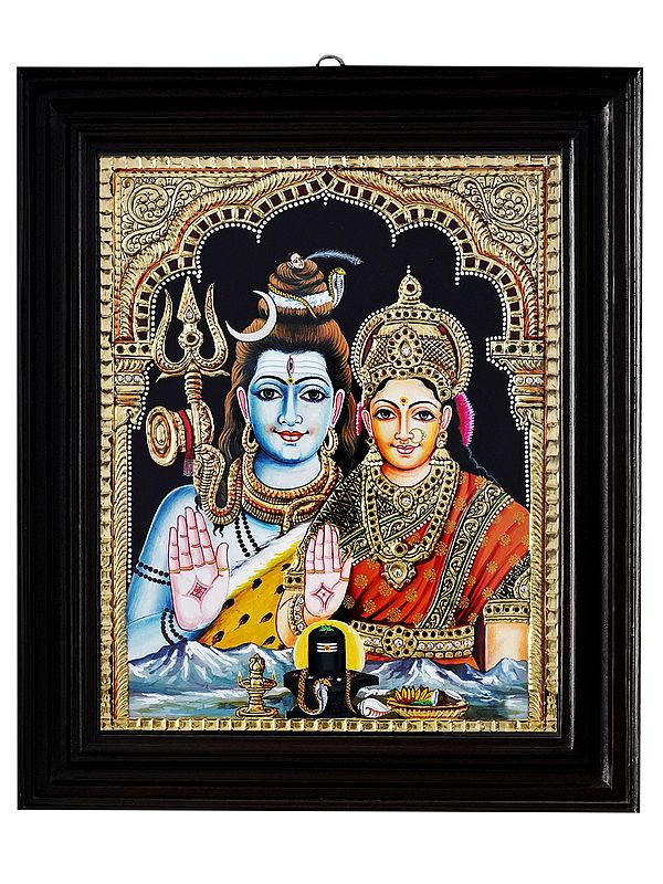 Shiva Parvati Giving Blessings | Tanjore Painting with Frame | Traditional Colour with 24 Karat Gold