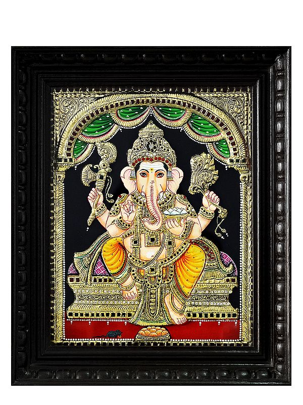 God Ganesha with Modak | Tanjore Painting with Frame | Traditional Colour with 24 Karat Gold