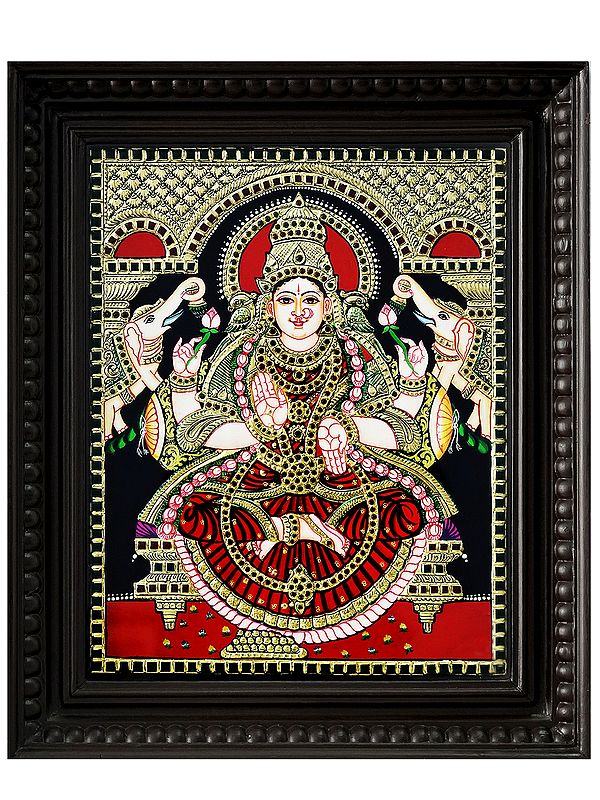 Seated Goddess Gaja Lakshmi Tanjore Painting with Frame | Traditional Colour with 24 Karat Gold
