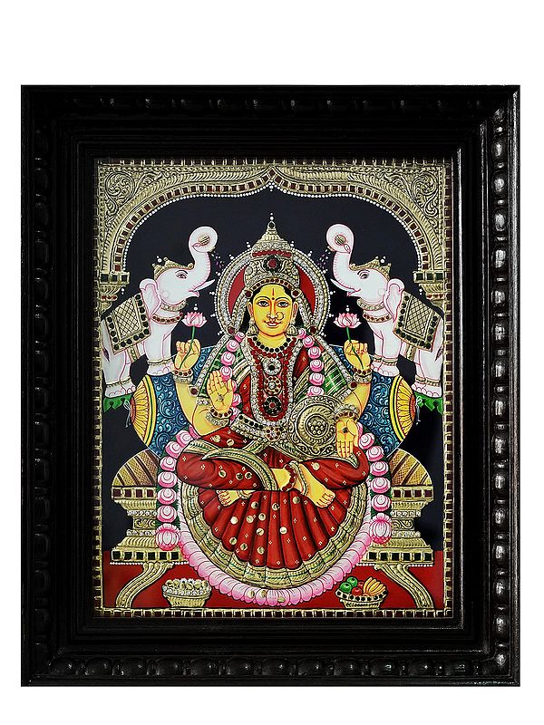 Goddess Lakshmi in Traditional Wear | Tanjore Painting with Frame | Traditional Colour with 24 Karat Gold