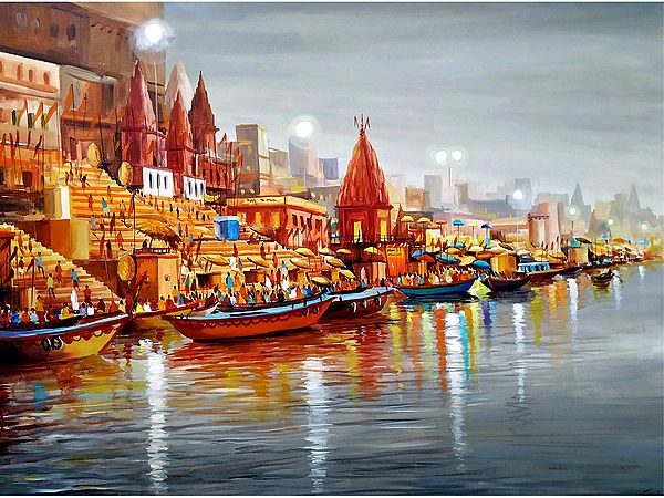 Monsoon Evening at Varanasi Ghat | Painting by Samiran Sarkar