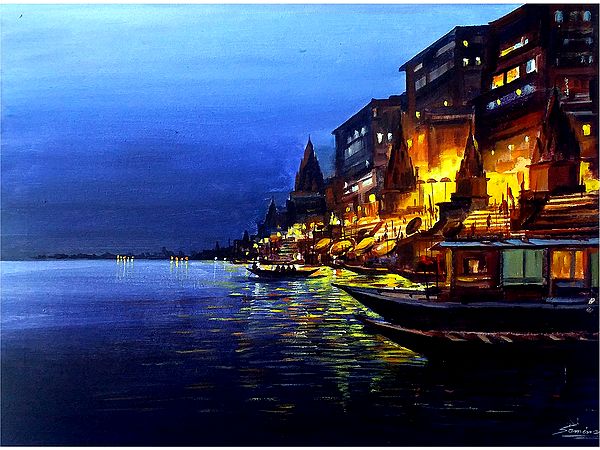 Night at Banaras Ghat | Painting by Samiran Sarkar