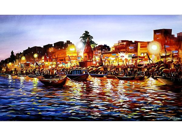 Evening Night Reflections at Varanasi Ghat | Painting by Samiran Sarkar