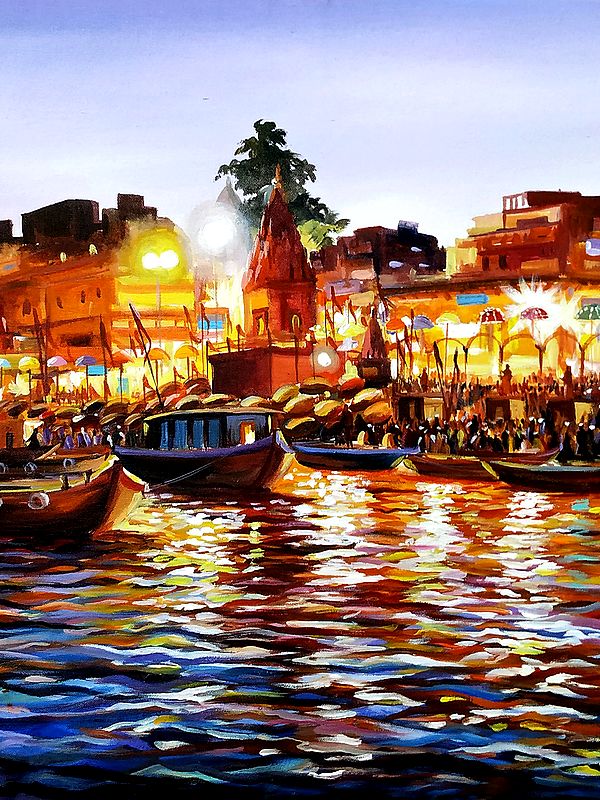 Evening Night Reflections At Varanasi Ghat | Painting By Samiran Sarkar ...