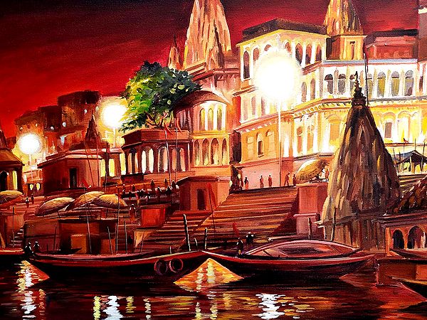 Silent Night At Varanasi Ghat | Painting By Samiran Sarkar | Exotic ...