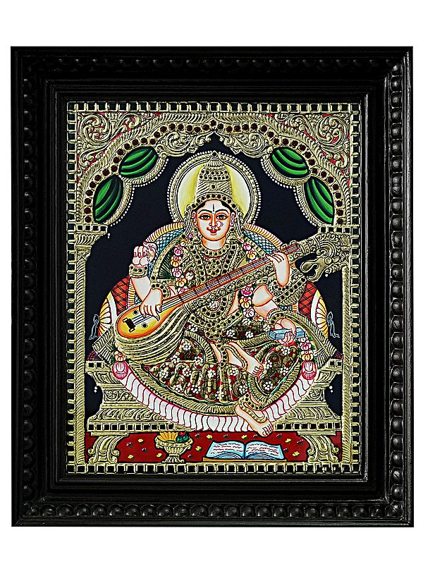 Traditionally Dressed Goddess Saraswati Playing Veena | Traditional Colour With 24 Karat Gold | With Frame