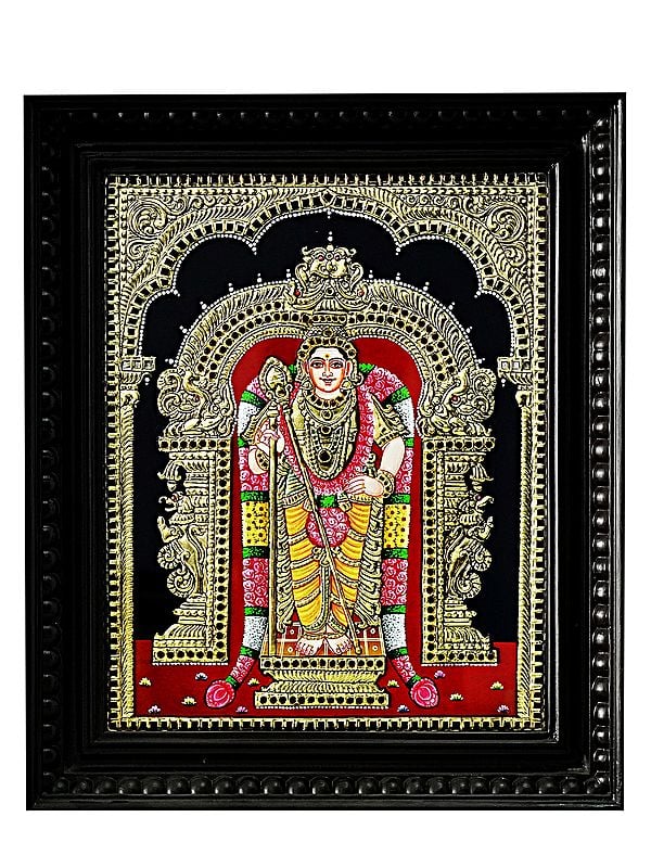 Hindu God Murugan (Kartikeya) Standing With Arch | Traditional Colour With 24 Karat Gold | With Frame