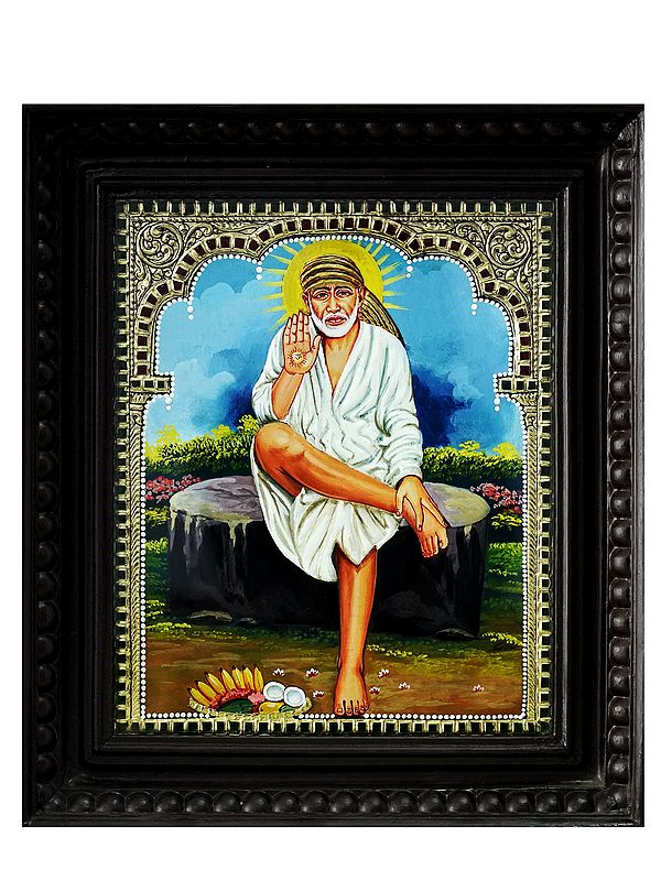 Lord Sai Baba Seated On Log | Traditional Colour With 24 Karat Gold | With Frame
