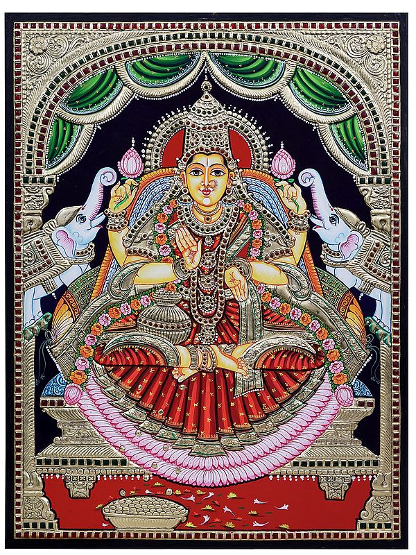 Magnificent Goddess Lakshmi Showering Wealth | Traditional Colour With 24 Karat Gold