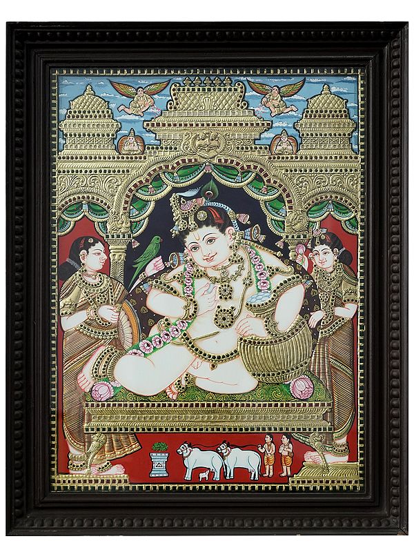 Lord Butter Krishna With Rukmini and Satyabhama | Traditional Colour With 24 Karat Gold | With Frame