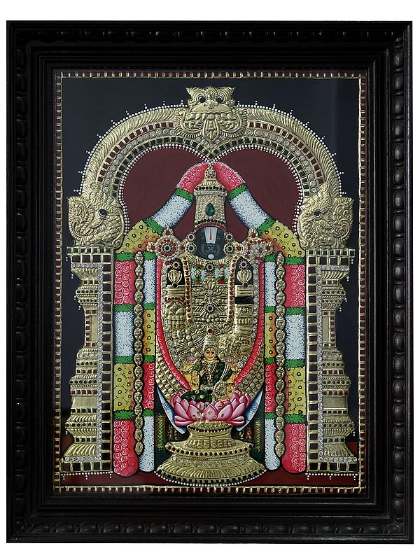 God Balaji with Lakshmi Showering Wealth | Tanjore Painting with Frame | Traditional Colour With 24 Karat Gold