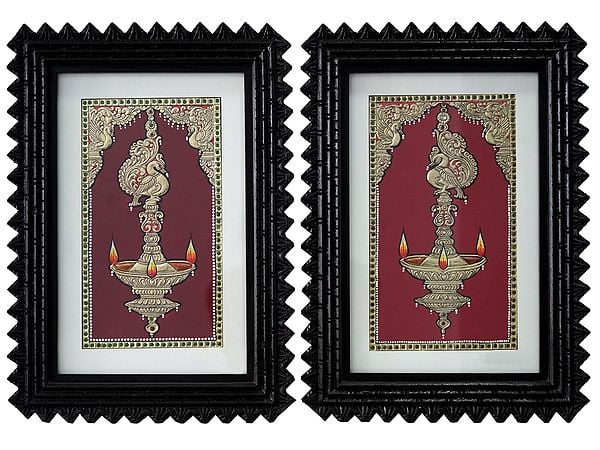 Hindu Ritual Annam Lamp (Set of 2) | Traditional Colour With 24 Karat Gold | Tanjore Painting with Frame