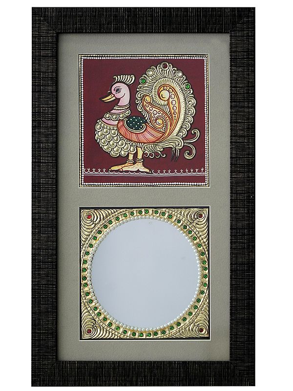 Peacock with Mirror | Tanjore Painting with Frame | Traditional Colour With 24 Karat Gold