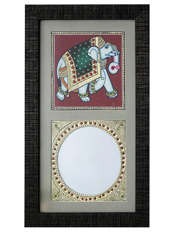 Traditionally Dressed Elephant with Mirror | Traditional Colour With 24 Karat Gold | Tanjore Painting with Frame