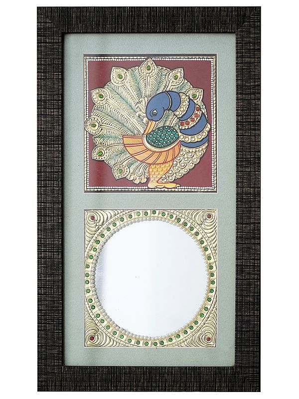 Exquisite Peacock and Mirror with Stone Work | Traditional Colour with 24 Karat Gold | Tanjore Painting with Frame