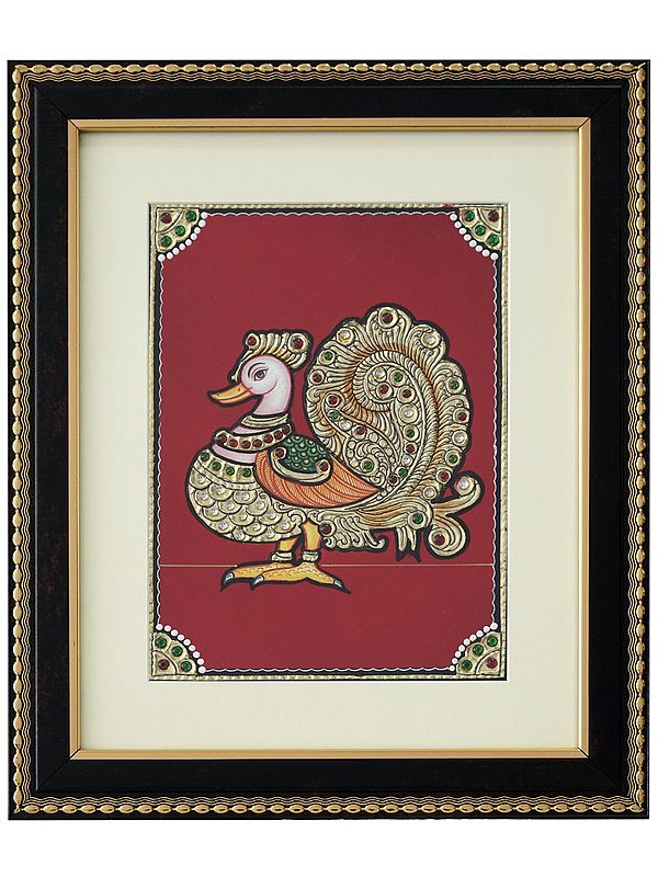 Beautiful Annam (Peacock) Tanjore Painting with Stone Work | Traditional Colour With 24 Karat Gold | With Frame