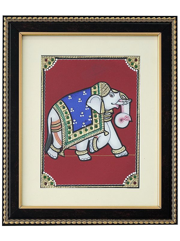 Traditionally Dressed Walking Elephant | Tanjore Painting with Frame | Traditional Colour With 24 Karat Gold
