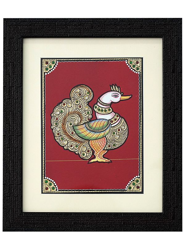 Standing Annam (Peacock) Tanjore Painting with Frame | Traditional Colour With 24 Karat Gold