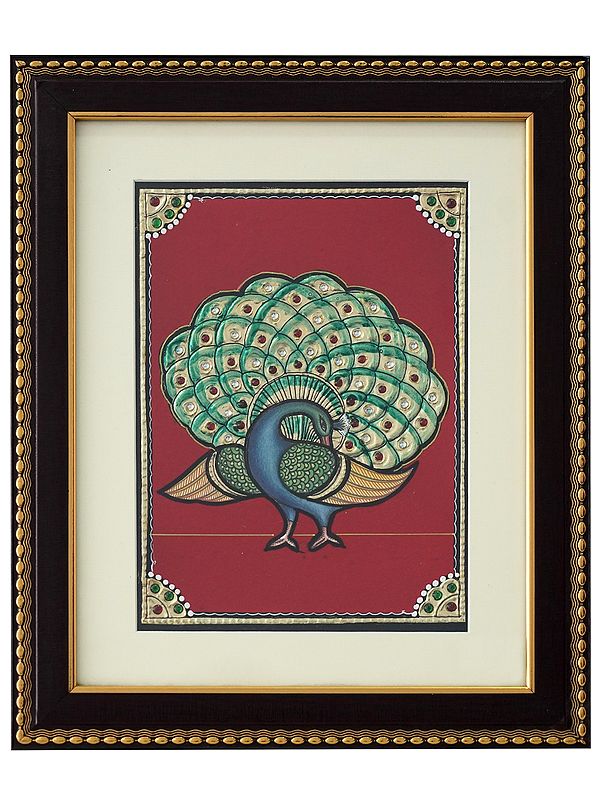 Peacock Spread Wings | Traditional Colour With 24 Karat Gold | Tanjore Painting with Frame