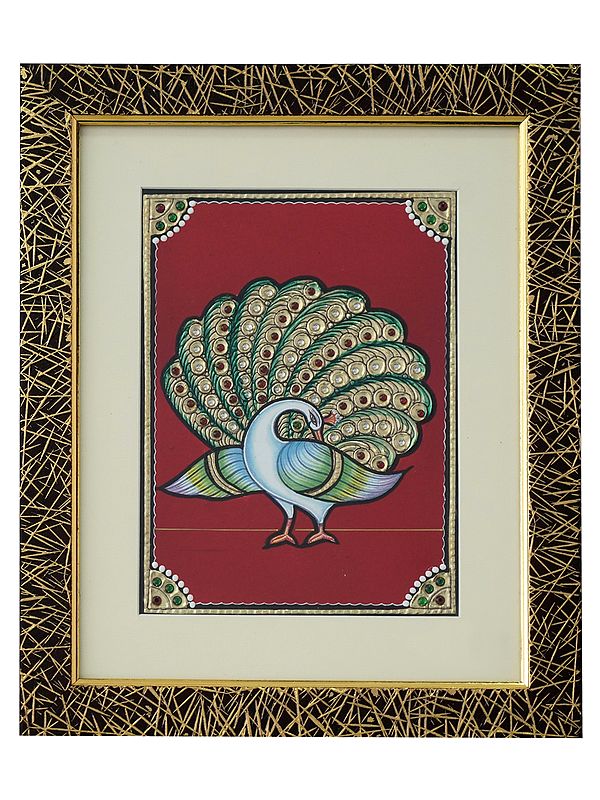 White Peacock With Stone Work | Tanjore Painting with Frame | Traditional Colour With 24 Karat Gold