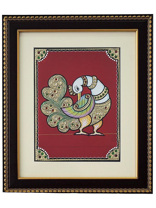 White Peacock with Multicolour Wings | Tanjore Painting with Frame | Traditional Colour With 24 Karat Gold