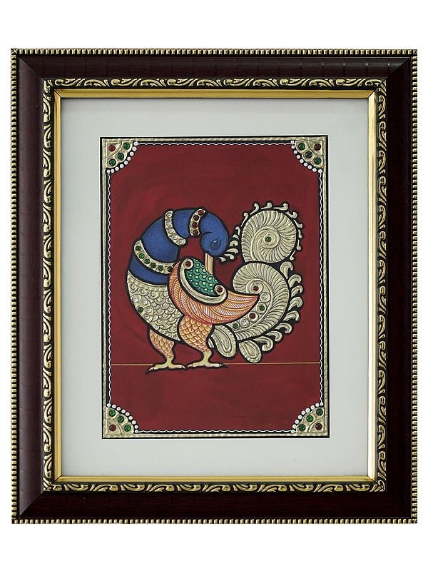 Multicolor Peacock with Long Tail | Tanjore Painting with Frame | Traditional Colour With 24 Karat Gold