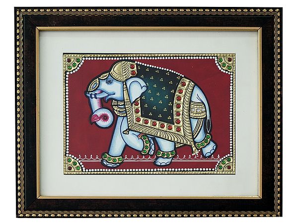 Ornamented Elephant Tanjore Painting with Frame | Traditional Colour With 24 Karat Gold