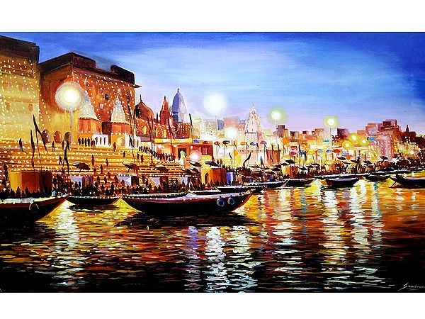 Boats Near River Shore In Varanasi Evening Scene | Sacred India | Canvas Painting