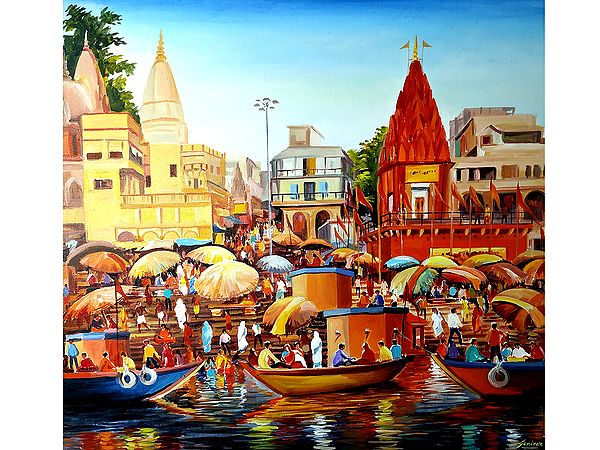 Crowded Near River Shore In Varanasi | Sacred India | Canvas Painting