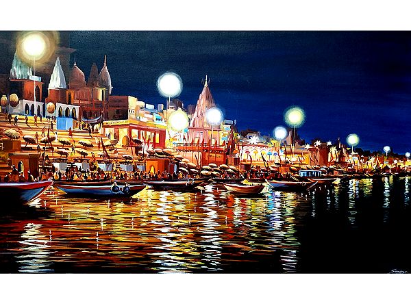 Exquisite Night Time In Varanasi Ghat | Sacred India | Canvas Painting