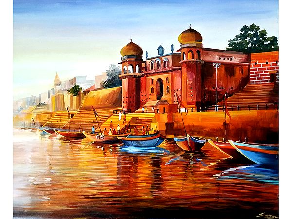 Chet Singh Ghat River Shore In Varanasi | Sacred India | Canvas Painting