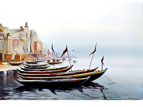 Boats in Queue on Varanasi Shore | Sacred India | Canvas Painting