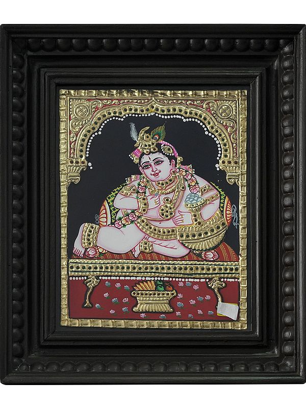 Butter Krishna (Makhanchor) Tanjore Painting | Traditional Colors with 24 Karat Gold | With Frame