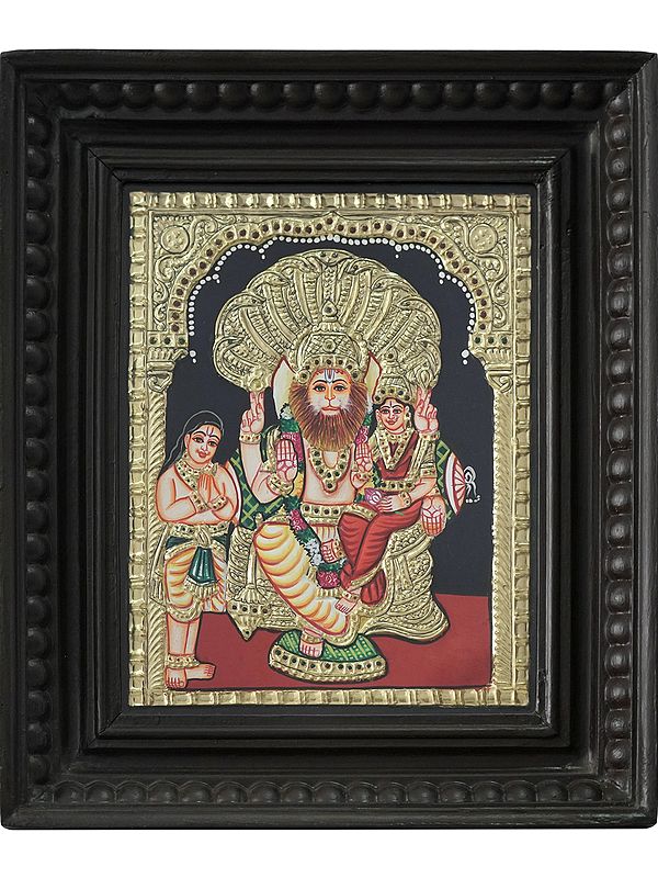 Tanjore Painting of Lakshmi Narasimha with Bhakta Prahalad | Traditional Colors with 24 Karat Gold | With Frame