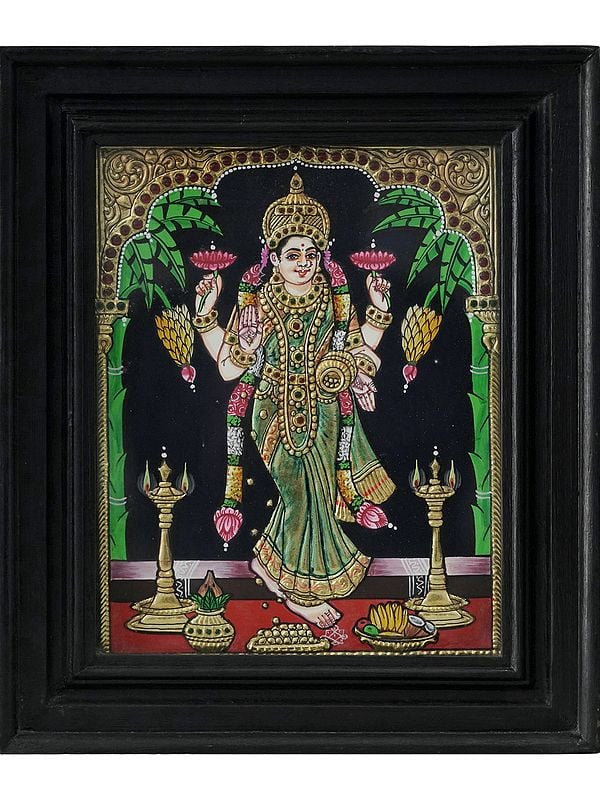 Four-Armed Standing Goddess Lakshmi Tanjore Painting | Traditional Colors with 24 Karat Gold | With Frame
