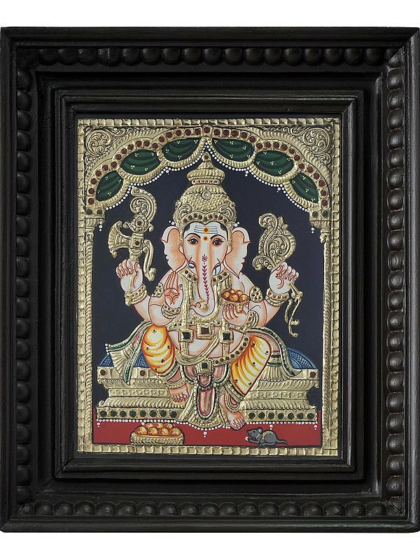 Sitting Lord Ganesha with Modak | Traditional Colors with 24 Karat Gold | With Frame