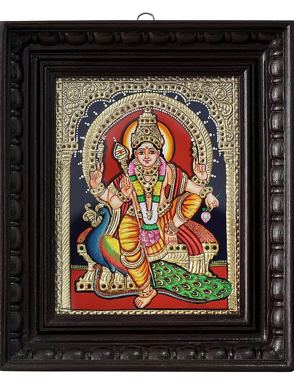 Sitting Lord Murugan (Kartikeya) with Peacock | Tanjore Painting with Frame | Traditional Colors with 24 Karat Gold