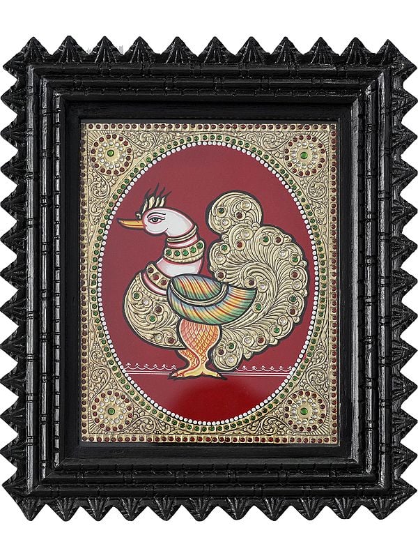 Annam (Peacock) Tanjore Painting with Frame | Traditional Colors with 24 Karat Gold