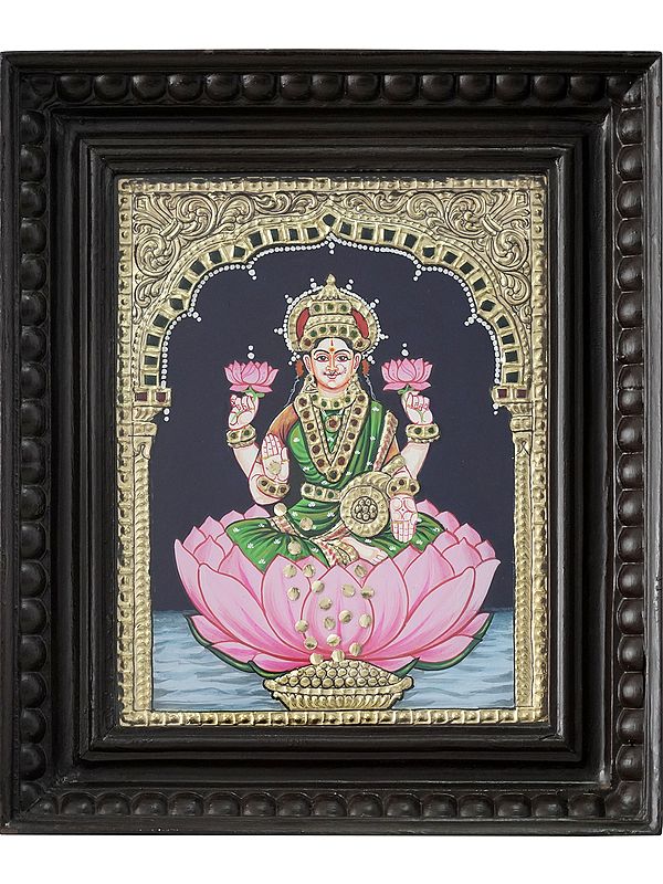 Goddess Dhana Lakshmi Tanjore Painting with Frame | Traditional Colors with 24 Karat Gold