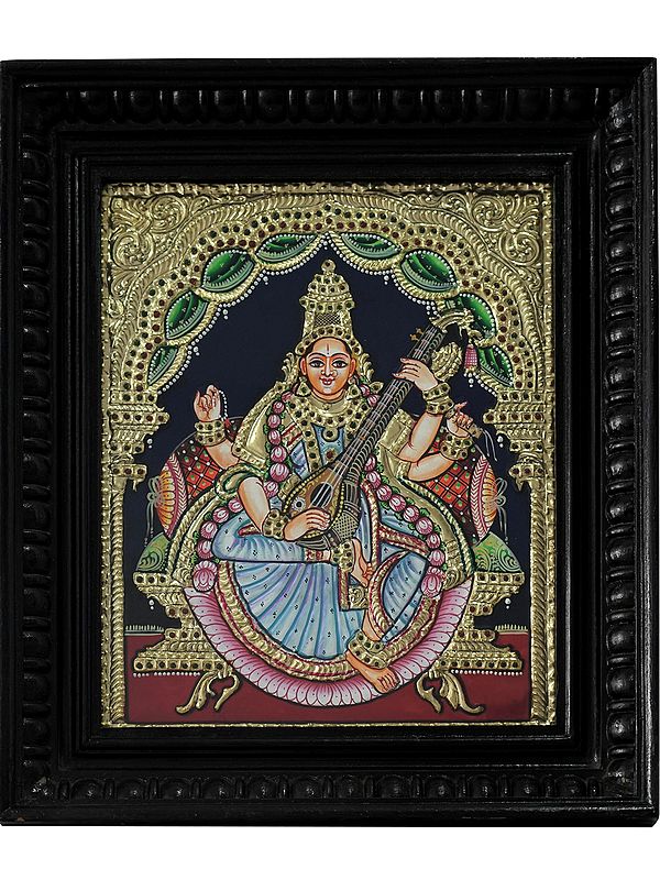 Goddess Saraswati | Traditional Colors with 24 Karat Gold | With Frame